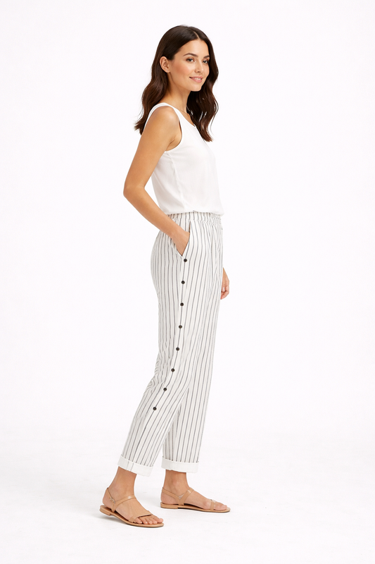 Sara-Elegantes Pantalones de Rayas con Botones